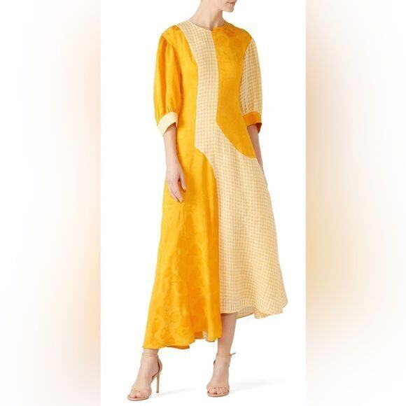 RTR Rejina Pyo Printed Dylan Dress Marigold Sz 12 asymmetrical 3/4 sleeve midi - Picture 1 of 3